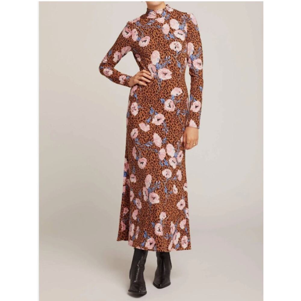 Free‎ People Retro Romance Molly Dress Small Mock Neck Leopard Floral Maxi NWT
